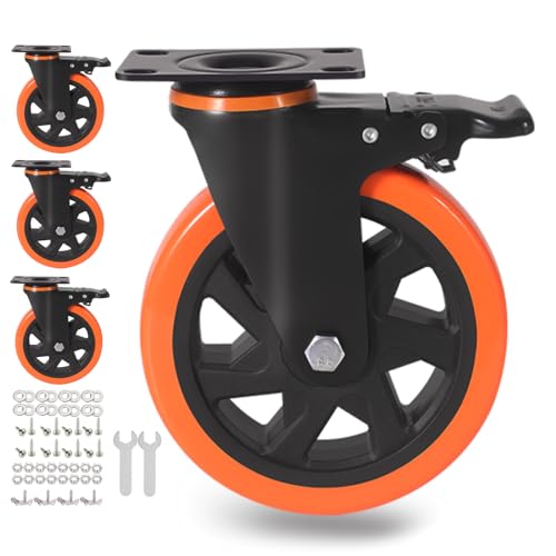 15,2 cm Lenkrollen, 1360,8 kg, robuste Rollen 4er-Set mit Bremse, Sicherheits-Doppelplattenverriegelung, industrielle Rollen, leise Räder für Wagen mit PU-Schaumstoff (zwei Hardware-Kits enthalten) von ENYKE