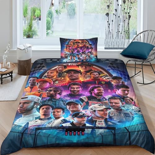 EOASNRTCB 3D Bettbezug Bettwäsche Set Geeignet FürKinder Und Jugendliche F1 Racing Muster Modern Mikrofaser Bettbezug Mit Verdecktem Reißverschluss Und Kissenbezu Single（135x200cm） von EOASNRTCB