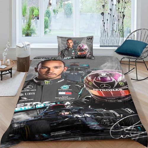 EOASNRTCB 3D Bettbezug Lewis Hamilton Bettwäsche Mikrofaser Bettwäsche Set Bettbezüge Mit Reißverschluss Kissenbezüge Single（135x200cm） von EOASNRTCB
