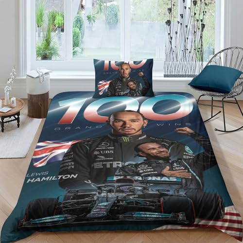 EOASNRTCB 3D Bettwäsche Bettbezug Lewis Hamilton Bettbezüge-Set + Kissenbezug F1 Racing Mikrofaser Steppdeckenbezug Mit Reißveschluss Single（135x200cm） von EOASNRTCB