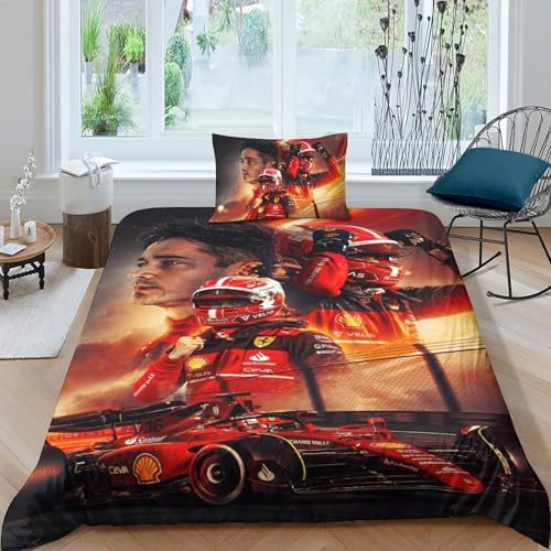 EOASNRTCB 3D Charles Leclerc Druck Bettwäsche Set F1 Racing Bettbezug Set Kinder Jungen Microfaser Betten Set Mit Reißverschluss Und Kissenbezug Single（135x200cm） von EOASNRTCB