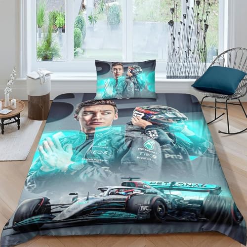 EOASNRTCB 3D George Russell Steppdeckenbezug Set, Bettwäsche-Set Für Jungen, Mädchen, Damen, Herren, F1 Racing Bettbezug-Set, Raumdekoration,Mit Verdecktem Reißverschluss Single（135x200cm） von EOASNRTCB