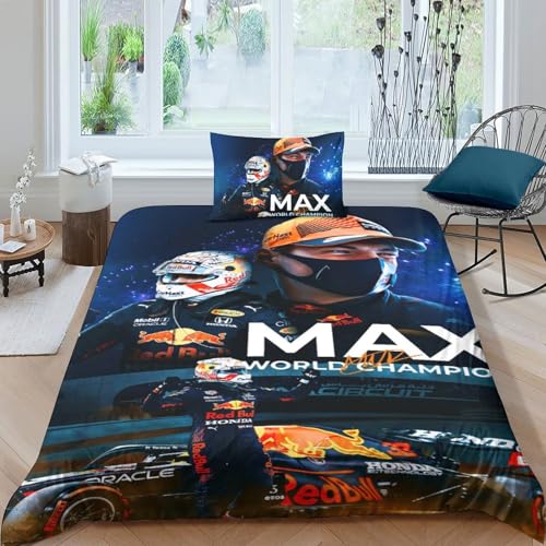 EOASNRTCB Kinder Kids Betten Set F1 Racing-Motiv 3D Print Bettwäsche Set Weiche Atmungsaktive Microfaser Bettbezug Mit Kissenbezug Jungen F1 Driver Single（135x200cm） von EOASNRTCB