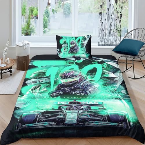 EOASNRTCB Lewis Hamilton Bettwäsche 3D F1 Racing Bettbezug Mikrofaser Bettwäsche Set Bettbezüge Mit Reißverschluss Kissenbezüge Single（135x200cm） von EOASNRTCB