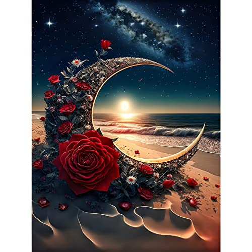 EOBROMD 5D Diamant Painting Bilder Erwachsene Mond, Diamond Painting Erwachsene Strand, DIY Blumen Diamond Painting Bilder Diamant Malerei Landschaft Set für Wanddekoration 30x40cm von EOBROMD