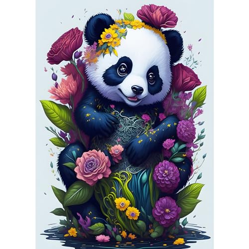 EOBROMD Diamond Painting Erwachsene Panda & Blumen, 5D Diamant Painting Bilder Erwachsene, DIY Diamond Painting Bilder Diamant Malerei Tiere Set für Wanddekoration 30x40cm von EOBROMD