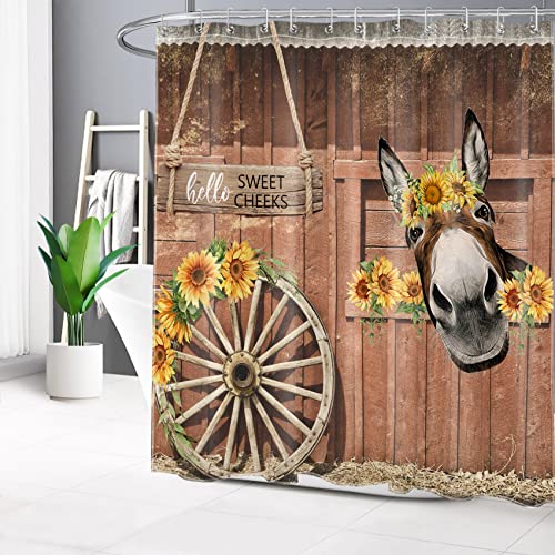 EOBTAIN Farmhouse Esel Duschvorhang für Badezimmer, Bauernhoftier und Sonnenblume auf Vintage-brauner Scheunentür, Stoff-Duschvorhang mit 12 Haken, rustikale Badezimmervorhänge, Dusch-Set, 183 x 183 von EOBTAIN