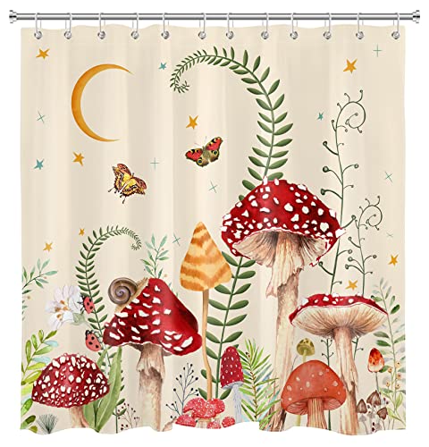 EOBTAIN PilzDuschvorhang Retro Pilze Schmetterling Blumen Boho Mond Sterne Botanische Wildblumen Grüne Pflanze Ästhetischer Badezimmer Vorhang 175 x 178 cm Wasserdicht Stoff Langlebig Waschbar mit von EOBTAIN