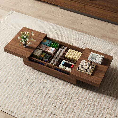 EOBfurniture Ausziehbarer Couchtisch mit Holz in Walnussoptik - Moderner Wohnzimmertisch & Kaffeetisch im Rechteck-Design, Sofatisch, Beistelltisch mit verstecktem Stauraum (120 cm bis 208 cm) von EOBfurniture