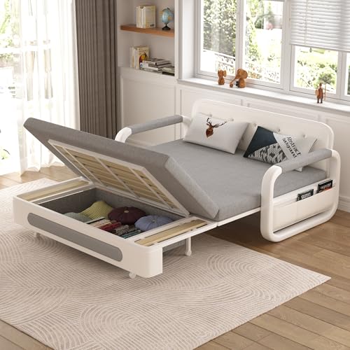 EOBfurniture Ausziehbares Schlafsofa - Sofa mit Schlaffunktion und Stauraum, Schlafcouch für kleine Räume und Wohnzimmer, Dunkelgrau und Weiß (150cm) von EOBfurniture