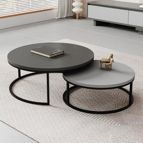 EOBfurniture Couchtisch rund Holz 2er-Set, Wohnzimmertisch rund mit schwarzem Metallgestell, moderner Beistelltisch für Wohnzimmer, Schlafzimmer & Balkon (grau) von EOBfurniture