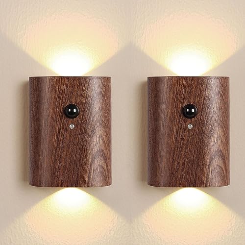 2 Stück Holz LED Akku Wandleuchte Kabellose mit Bewegungsmelder Innen USB Aufladbare Wandlampe Schlafzimmer Bettlampe 3000K Warmeslicht Magnetische Nachtlicht Up Down Wandbeleuchtung Flurlampe,Dark von EOEO