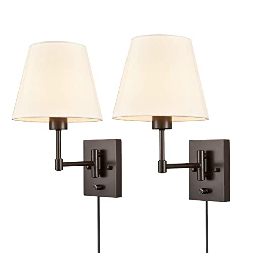 2 Stück Vintage Wandleuchte Innen mit Stecker und Schalter, Retro Verstellbare Wandlampe Bettlampe mit Kabel Wand-Leselampe,Weiß Stoff Schirm, E27 Industrial Lampe für Wohnzimmer Schlafzimmer,Schwarz von EOEO