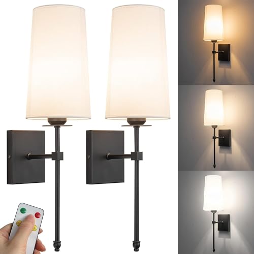 2er Set E27 Wandleuchte Kabellos mit Akku Glühbirne Dimmbare Fernbedienung Metall Wandlampe mit Weiß Stoff Lampenschirm Nachttischlampe Up Down Wandbeleuchtung für Wohnzimmer Schlafzimmer Flur,Schwarz von EOEO