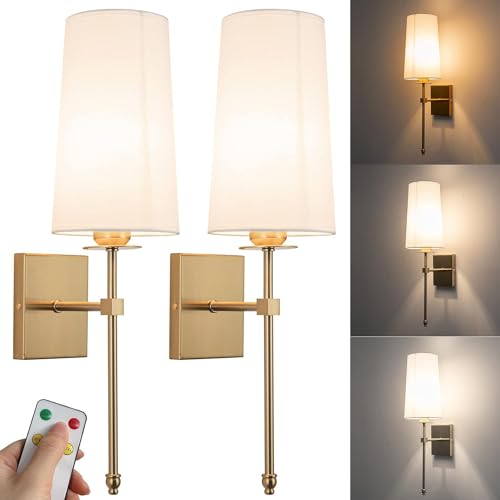 2er Set E27 Wandleuchte Kabellos mit Akku Glühbirne Dimmbare Fernbedienung Metall Wandlampe mit Weiß Stoff Lampenschirm Nachttischlampe Up Down Wandbeleuchtung für Wohnzimmer Schlafzimmer Flur,Gold von EOEO