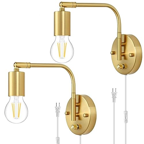 EOEO E27 Wandlampe Dimmbar mit Schalter und Stecker, Verstellbare Gold Metall Wandleuchte Bettlampe Wand-Leselampe mit Kabel, Innen Retro Industrial Lampe für Wohnzimmer, Schlafzimmer, Büro,2pack von EOEO