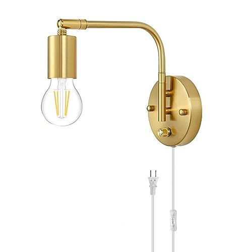 EOEO E27 Wandlampe Dimmbar mit Schalter und Stecker, Verstellbare Gold Metall Wandleuchte Bettlampe Wand-Leselampe mit Kabel, Innen Retro Industrial Lampe für Wohnzimmer, Schlafzimmer, Büro,1pack von EOEO