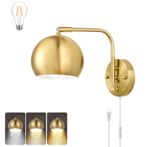 EOEO Innen Wandleuchte Dimmbar mit Schalter, E27 Verstellbare Gold Wandlampe aus Metall Nachttischlampe mit Stecker und Kabel Retro Industrial Wand Leselampe für Wohnzimmer, Schlafzimmer, Büro,1pack von EOEO