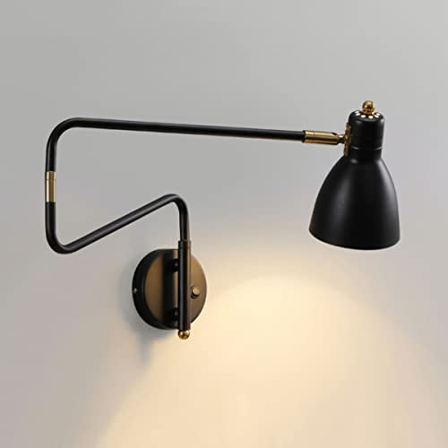 EOEO Innen Wandleuchte mit Schalter Vintage Schlafzimmer Bettlampe Wandlampe 360° Drehbare Metall Langer Arm, Wohnzimmer Wand-Leselampe, Retro E27 Verstellbare Wandspot für Flur Esszimmer,Schwarz von EOEO