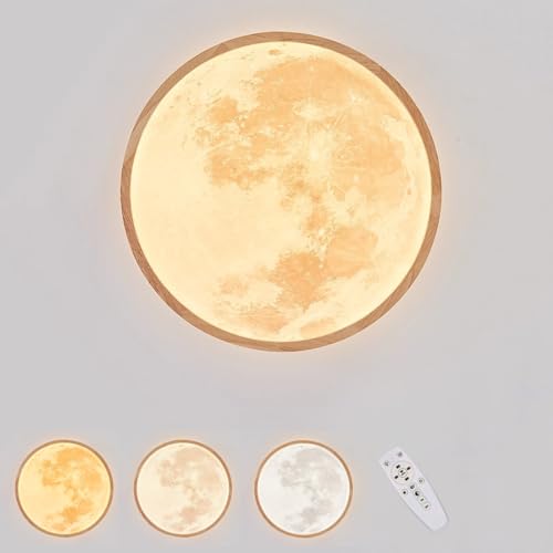 EOEO LED Holz Wandleuchte Innen Dimmbar mit Fernbedienung 24W Kinderzimmer Mond Wandlampe Moderne Deko Licht Runde Nachttischlampe Wandbeleuchtung für Schlafzimme Wohnzimmer Flur,Ø40cm von EOEO
