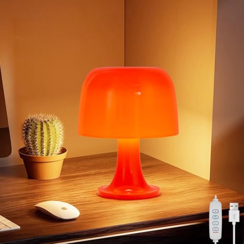 EOEO Pilz Lampe Tischlampe in Orange LED Nachttischlampe Schlafzimmer Lichter Tischleuchte aus Acryl Dimmbar 3000K-6000K USB Nachtlampe Mushroom Lampe Retro Schreibtischlampe für Wohnzimmer Hotel von EOEO
