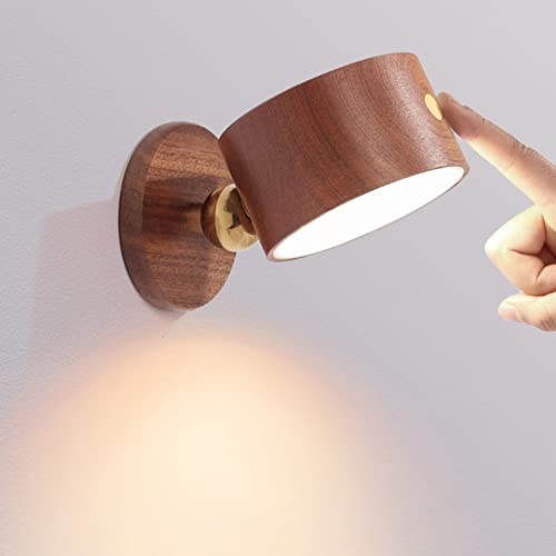 Holz Akku Wandleuchte Dimmbar mit Touch Schalter, Innen LED Wandlampe 4000K Leselampen mit USB ladefunktion, Schlafzimmer Nachttischlampe 360 ° drehbar Tragbare Kabellos Magnetische Lampe,Dark wood von EOEO