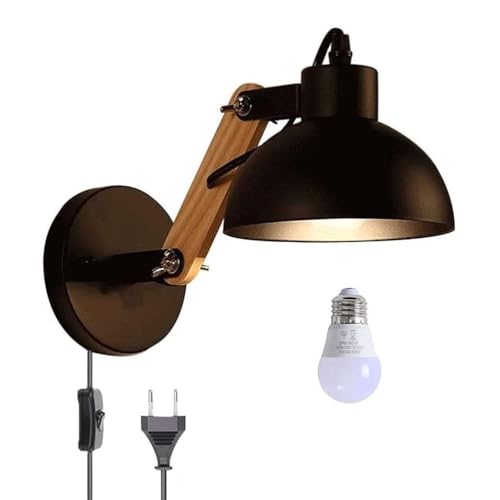 Industrielle Retro Wandleuchte Holz Verstellbar Arm Wand Leselampe mit Kabel Wandlampe Innen E27 Vintage Industrial Lampe mit Schalter Metallschirm Schlafzimmer Nachttischlampe mit Stecker,Schwarz von EOEO