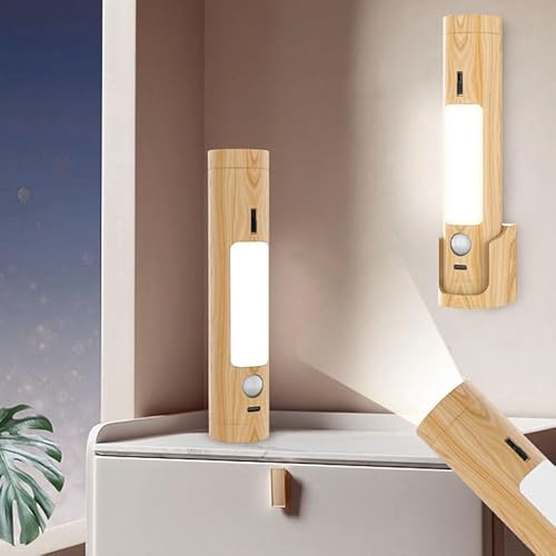 EOEO Innen Holz Wandlampe Akku mit Bewegungsmelder Wandleuchte LED Kabellos Bettlampe Tragbare Nachtlicht Aufladbar Treppelicht für Schlafzimmer, Flur,White Light von EOEO