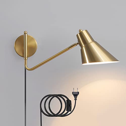 EOEO Retro Wandleuchte mit Stecker und Schalter, Langer Arm Bettlampe Wandlampe Verstellbar Wand-Leselampen mit 1,8 m Kabel, Innen E27 Leuchte für Schlafzimmer Wohnzimmer Badezimmer,Gold von EOEO