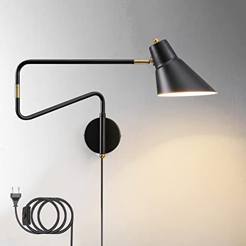 Vintage Metall Wandleuchte Verstellbar Lange Arm Nachttischlampe mit Schalter und Stecker, 360° Drehbare Wandlampe Leselampen mit Kabel, Innen E27 Wandspot für Schlafzimmer Wohnzimmer Büro,Schwarz von EOEO