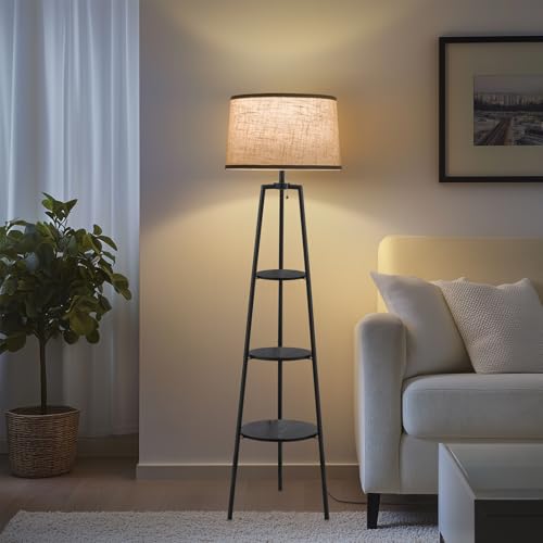 EOEYYOYB Stehlampe Wohnzimmer, Stehlampe Holz Mit Kleinem Regal, 3 Farbtemperatur Dimmbar Vintage Stativ Stehleuchte FüR Schlafzimmer Wohnzimmer Babyzimmer Schwarz von EOEYYOYB