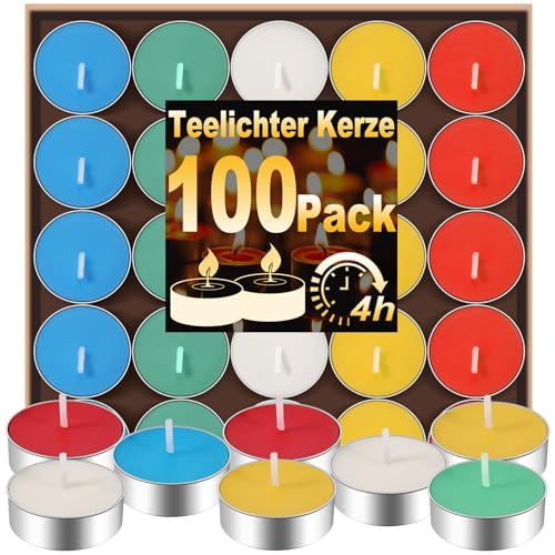 EOGRFW 100 Stück Bunte Teelicht, Teelichter mit 4 Stunden Brenndauer, Rauchfreie Farbigen Teelichter, Duftfreie Teelicht für Hochzeit Zuhause Romantisches Abendessen Bad Spa (5 Farben) von EOGRFW