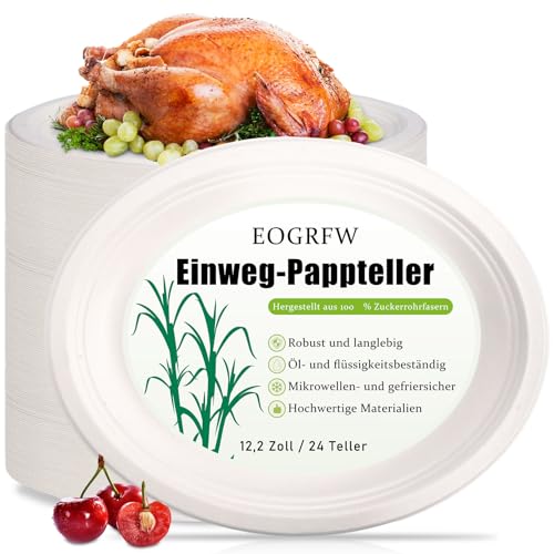 EOGRFW 24 Stück Ovale Pappteller, 31,7 x 25,4 cm Bagasse Einwegteller, Abbaubar Geschirr Oval Zuckerrohr Teller für BBQ Restaurant Versammlung Picknick Party von EOGRFW