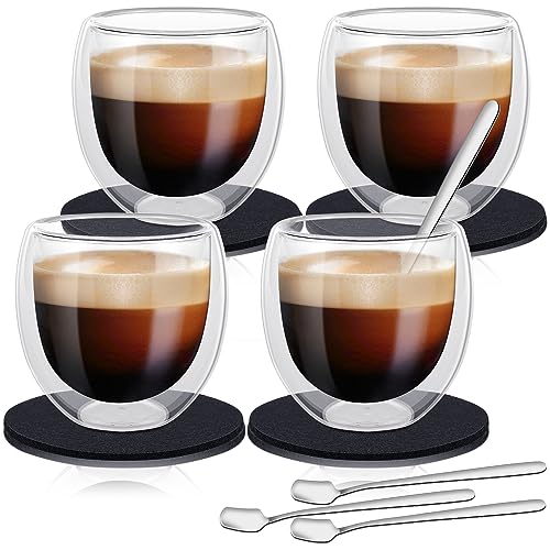 EOGRFW Espressotassen Set (4 x 80 ml) - Doppelwandige Gläser aus Borosilikatglas - Mit 4 Löffel und 4 Untersetzer - Für Espresso und Latte Macchiato von EOGRFW