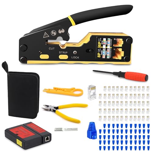 9-in-1 RJ45 Crimpzange Set mit Kabeltester für CAT5e/CAT6/RJ11/RJ12｜DIN EN zertifiziert, 0.4-0.9mm² Kabel, 60 Steckern - Profi Netzwerkwerkzeug von EOJDDPA