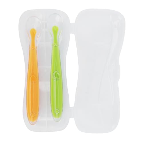 Baby Silikonlöffel Weiche Spitze Säugling Fütterungslöffel für Babys über 4 Monate alte Lebensmittelqualität Silikonmaterial mit Reisebox 2pcs gelbblau gelbblaugrün rosa optional (Gelb+grün) von EOJDDPA