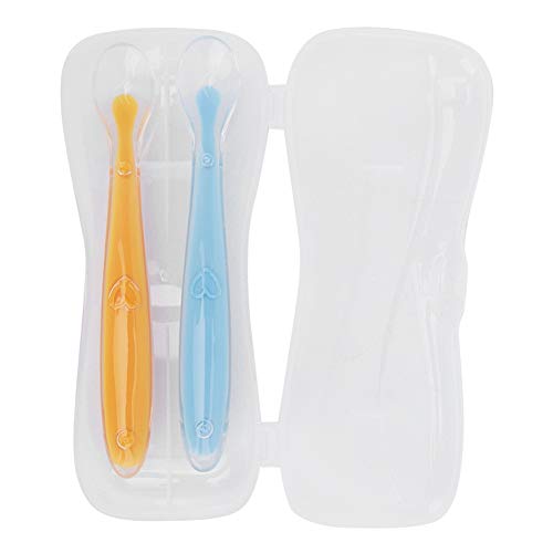 Baby Silikonlöffel Weiche Spitze Säugling Fütterungslöffel für Babys über 4 Monate alte Lebensmittelqualität Silikonmaterial mit Reisebox 2pcs gelbblau gelbblaugrün rosa optional (Gelbblau) von EOJDDPA
