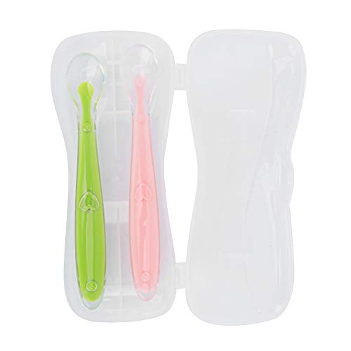Baby Silikonlöffel Weiche Spitze Säugling Fütterungslöffel für Babys über 4 Monate alte Lebensmittelqualität Silikonmaterial mit Reisebox 2pcs gelbblau gelbblaugrün rosa optional (Grün + Pink) von EOJDDPA