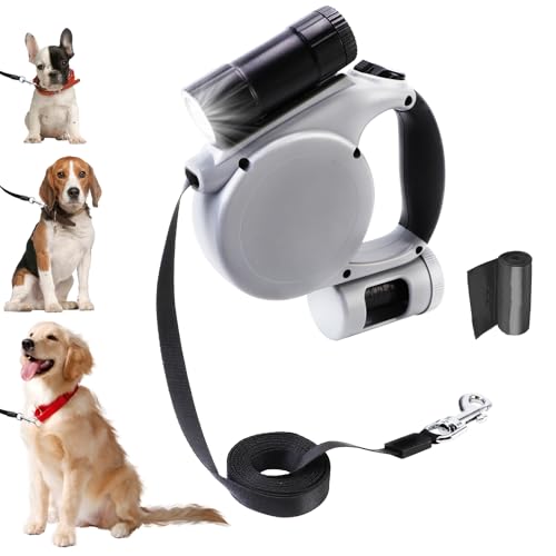 Hundeleine mit Taschenlampe für Nachtsicherheit | 4.5m Einhand-Rollleine mit Leckerli-Tasche & Sicherheitsstopp | Leichtes Nylonband für kleine/mittlere Hunde, Katzen (Keine Batterien enthalten) von EOJDDPA