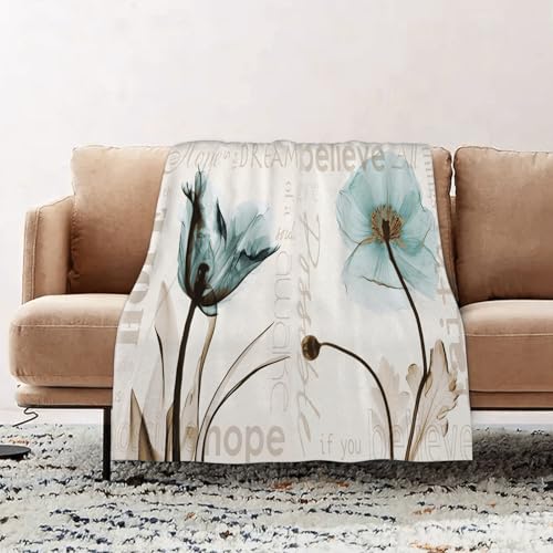 EOMKSE Kuscheldecke Flauschig Decke - weiche warme Fleecedecke 130x150cm als Decke Sofa,Rustikale elegante Petrol Blume Vintage Frühling Blumen Tulpe Blumen in Beige,Wohndecke oder Couchdecke überwurf von EOMKSE