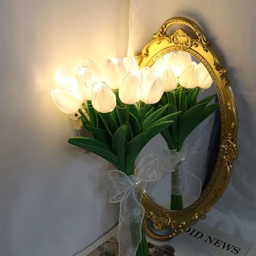 EONANT 10pcs Tulpe künstliche Blumen mit LED-Leuchten, Real Touch Tulip Bouquet, batteriebetrieben Weihnachten Urlaub Hochzeit Fotografie Home Dekoration kreative Geschenke (Weiß, 10PCS) von EONANT