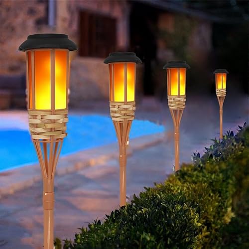 EONANT Blinkende Flamme Solar Licht Solar Outdoor wasserdichte Garten Taschenlampe, schwingende Flamme Outdoor Insel Fackel, handgemachte Bambus Furnier (4 Stück) von EONANT