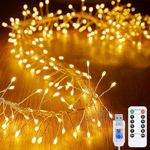 EONANT Fee Lichterkette, USB Feuerwerkskörper Cluster Stern Lichterkette mit Fernbedienung Timer, Schlafzimmer, Garten, Terrasse, Hochzeit, Weihnachten Urlaub Dekoration (Warm Weiß, 6M 200LED) von EONANT