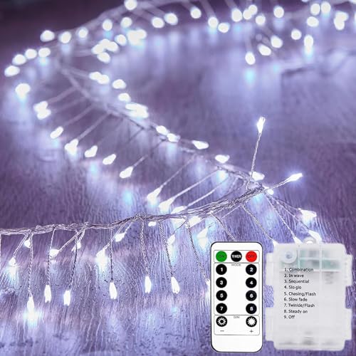 EONANT Feuerwerkskörper Lichterkette,12M 400LED batteriebetriebene wasserdichte Stern Cluster Kupferdraht String Lichter, 8-Modus-Fernbedienung für Weihnachten Schlafzimmer Partei (Weiß) von EONANT