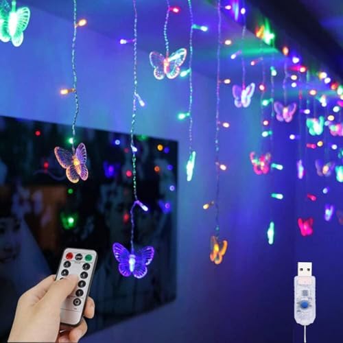 EONANT Schmetterling Vorhang Fairy Lights, 12ft/3.5M Glühwürmchen Twinkle Starlight 96LED8 Modi mit Fernbedienung, Schlafzimmer Patio Weihnachten Hochzeit Party Dekoration (Mehrfarbig) von EONANT