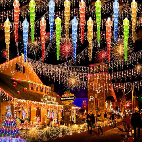 EONANT Solar Outdoor Eiszapfen Weihnachtslichter, wasserdicht 23ft 50LED blinkende Eispickel Tropfen String Lichter 8 Modi, Weihnachten Winter Party Urlaub Dekoration (Mehrfarbig, 50LED) von EONANT