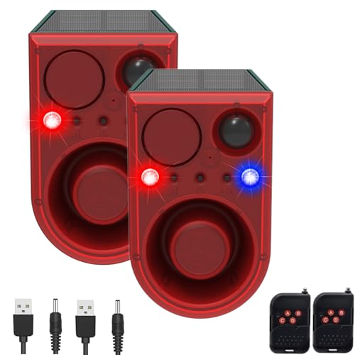 EONANT Solar Outdoor Motion Sensor Alarm, 130dB rotes und blaues blinkendes Sicherheitslicht mit Fernbedienung, 13 Sounds und Aufnahmen angepasst, um Eindringlinge abzuhalten (2 Stück) von EONANT