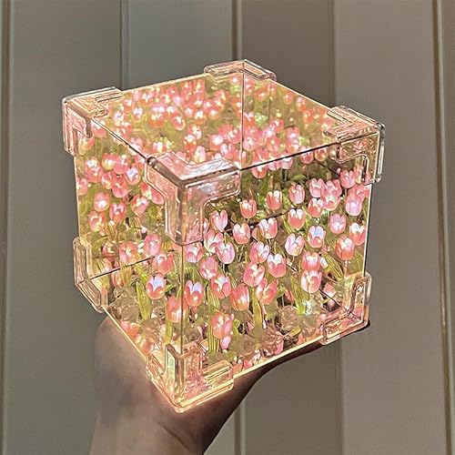 EONANT Tulip Spiegel Nachtlicht 20-Blumen, Würfel Tulpe Blume Meer Nachtlicht und Spiegel 2-in-1 Schlafzimmer LED dekorative Tischleuchte, kreative Geschenke für Mädchen, Freunde (Rosa) von EONANT