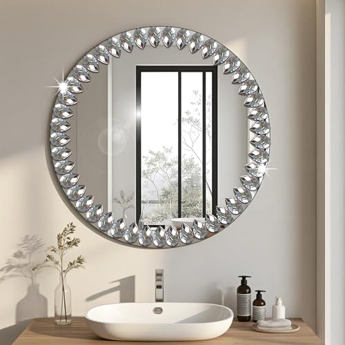 EONAZE Runder Spiegel Rund Glas HD Dekorative Wandspiegel Spiegelfliesen Selbstklebend Türspiegel mit Kristall Klebespiegel Für Wand Schminktisch Bad Wohnzimmer Flur Schlafzimmer (30x30cm) von EONAZE