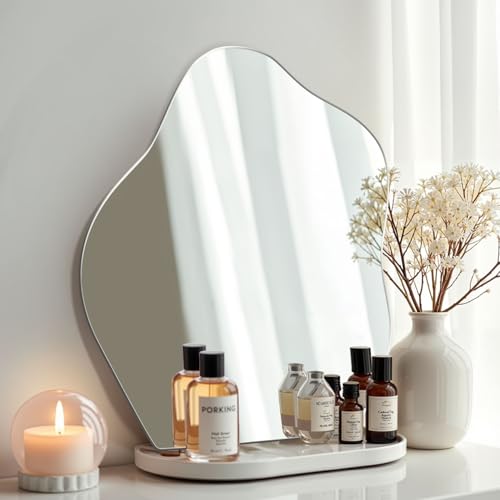 EONAZE Wandspiegel Asymmetrischer Spiegel zum Kleben Rahmenloser Badezimmerspiegel 47.7x38cm HD Glas Spiegelfliesen Selbstklebend Klebespiegel für die Wand Badezimmer, Flur, Wohnzimmer von EONAZE